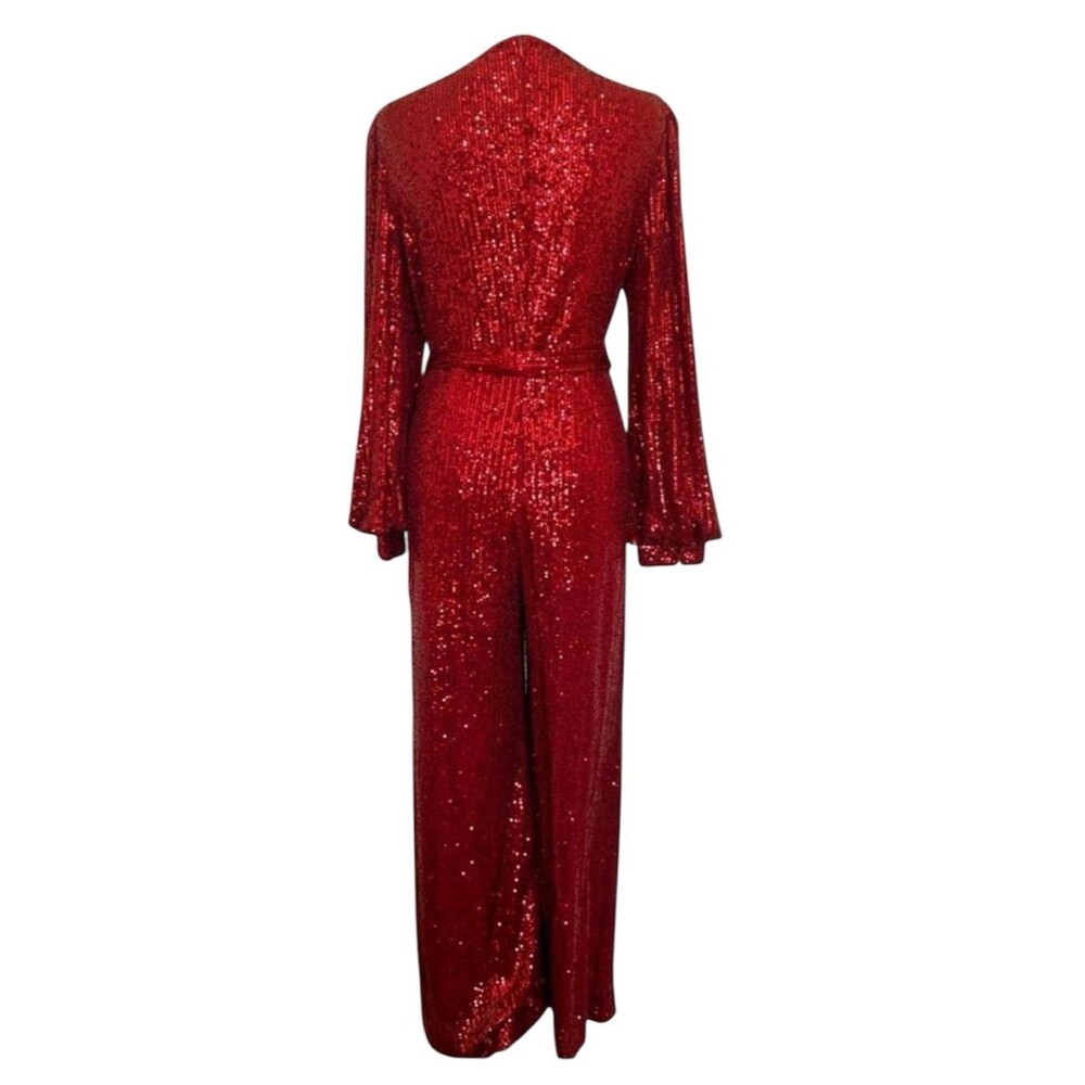 Red Sequin Jumpsuit Long Sleeve Wide Leg V Neck Wrap Formal Women’s Small - Picture 2 of 7